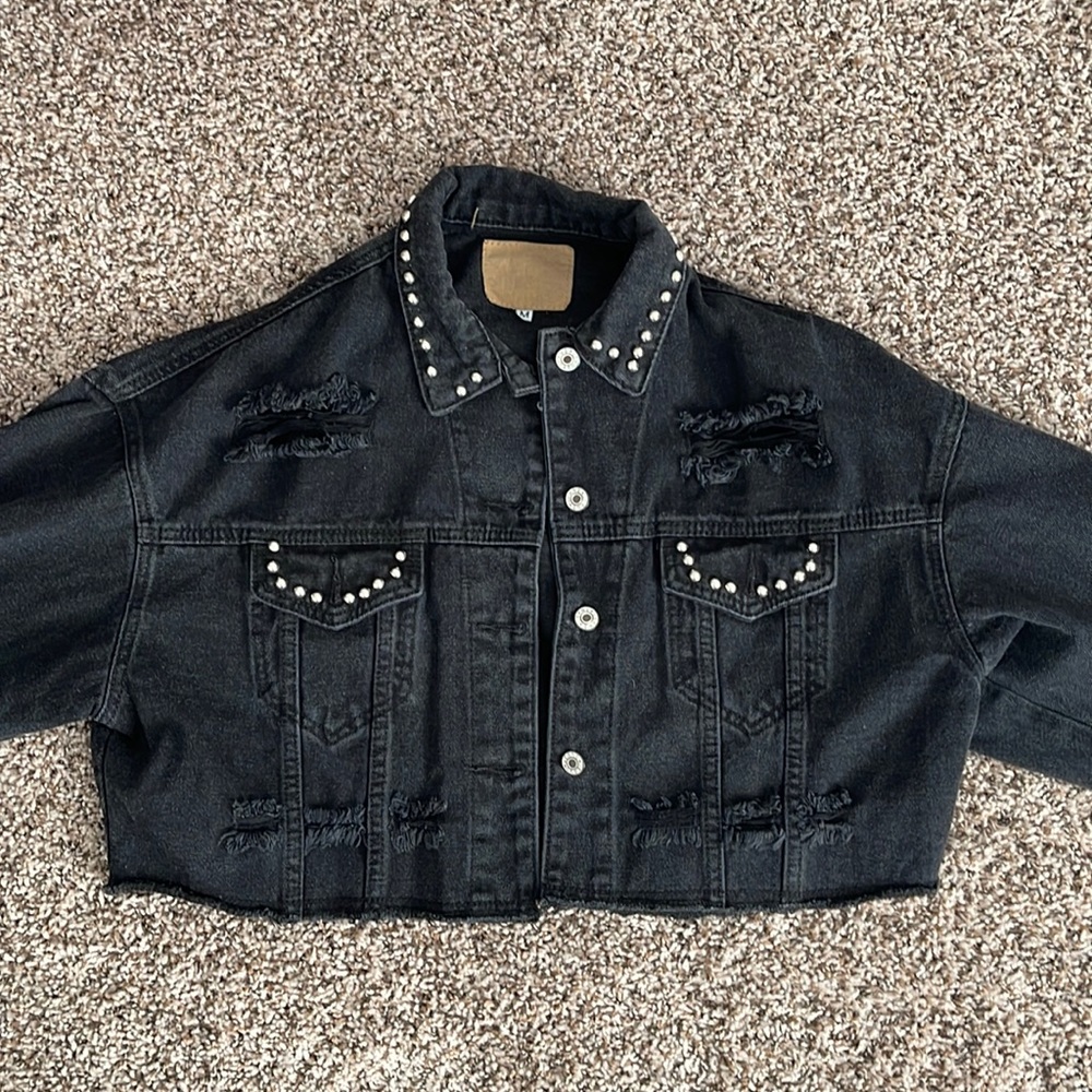 Cropped black studded black denim jacket